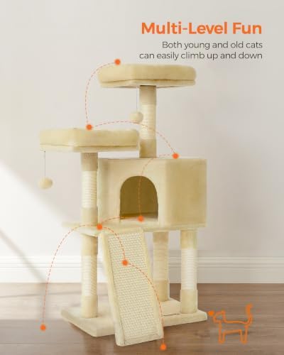 Feandrea Cat Tree, 45.3-Inch Cute Cat Tower, Plush Climbing Condo