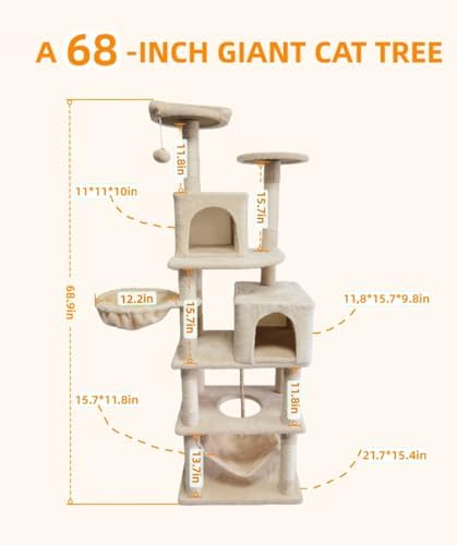 Cat Tree, 68-Inch Cat Tower for Indoor Cats, Plush Multi-Level Cat Condo
