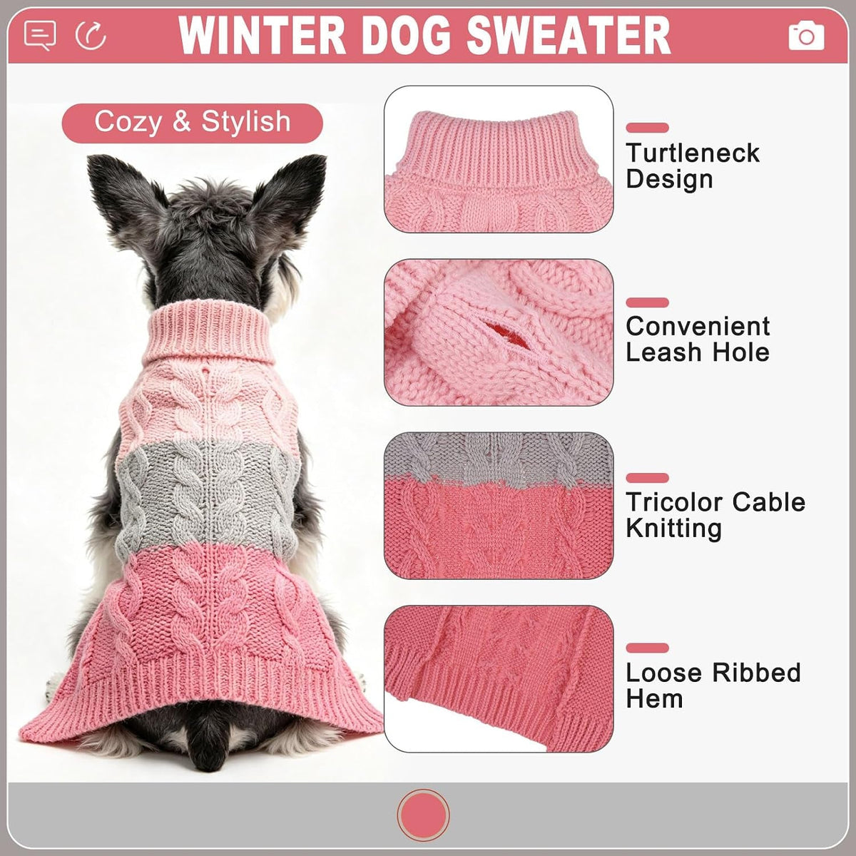 Color Block Cable Knit Dog Sweater – Turtleneck Pullover XS–XL