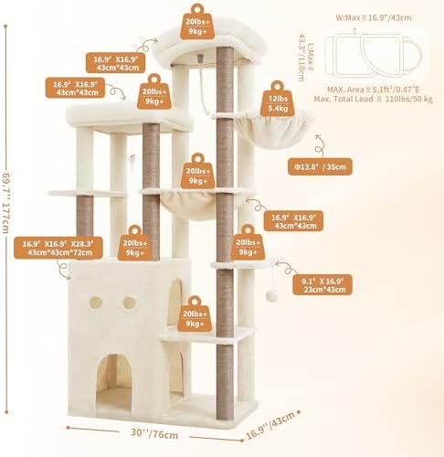 Heybly Cat Tree, 69.7 in Secure Anti-Tip Cat Tower