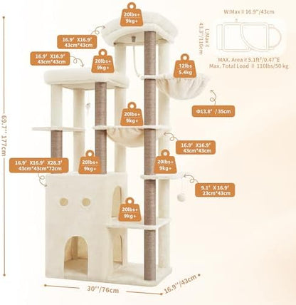 Heybly Cat Tree, 69.7 in Secure Anti-Tip Cat Tower