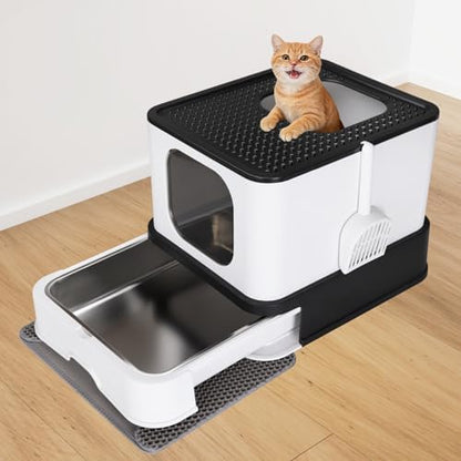 RIZZARI Stainless Steel Litter Box: Enclosed Pull-Out Drawer Top Exit