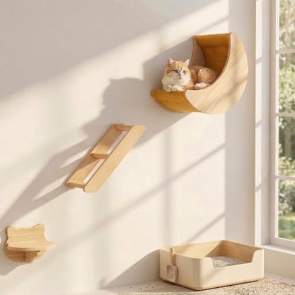 Cat Wall Shelves Set, Solid Wood Moon Bed, Perch & Stair