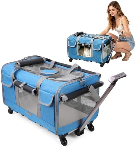 PETCUTE Cat Dog Carrier with Wheels, Airline Approved Rolling Pet Carrier with
