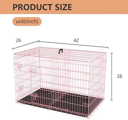FDW | 42" Foldable Metal Dog Crate | Pink | Cage