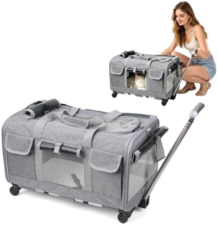 PETCUTE Cat Dog Carrier with Wheels, Airline Approved Rolling Pet Carrier with