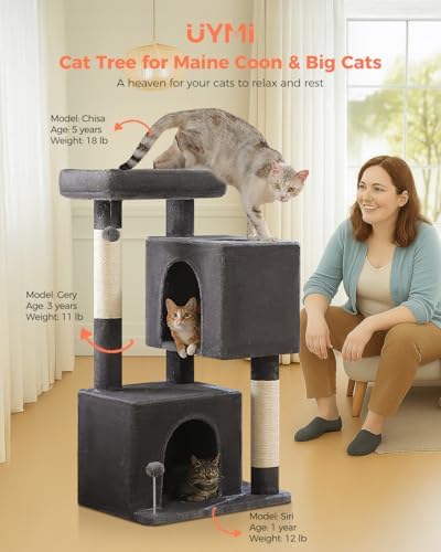 XL Cat Tree 44" Cat Tower for Large Cats 20 lbs, 2 Spacious Caves