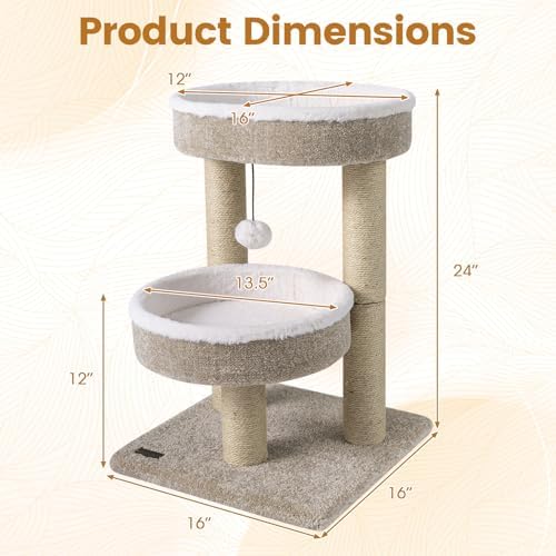 PETSITE 24-inch Small Cat Tree, 2 Comfy Cat Beds, and Interactive Hanging Ball
