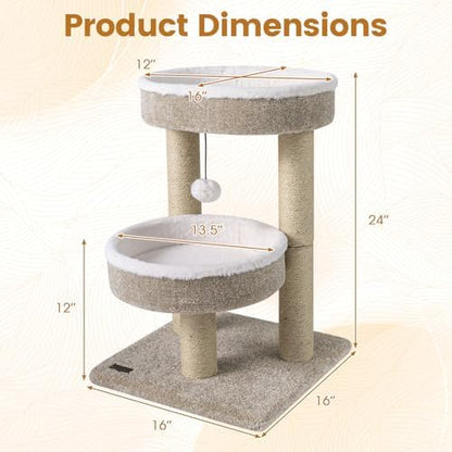PETSITE 24-inch Small Cat Tree, 2 Comfy Cat Beds, and Interactive Hanging Ball