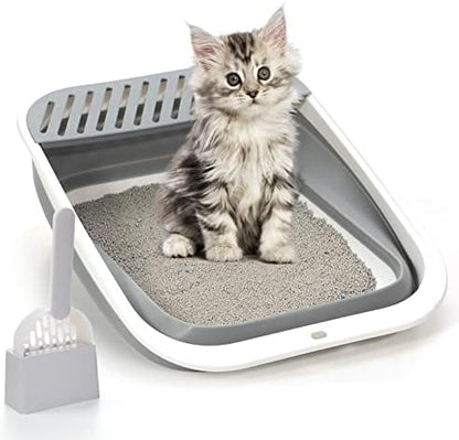 Foldable Cat Litter Box, Large Height-Adjustable Anti-Splash Open Air Kitty
