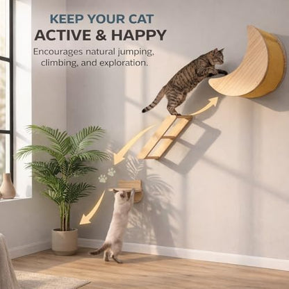 Cat Wall Shelves Set, Solid Wood Moon Bed, Perch & Stair