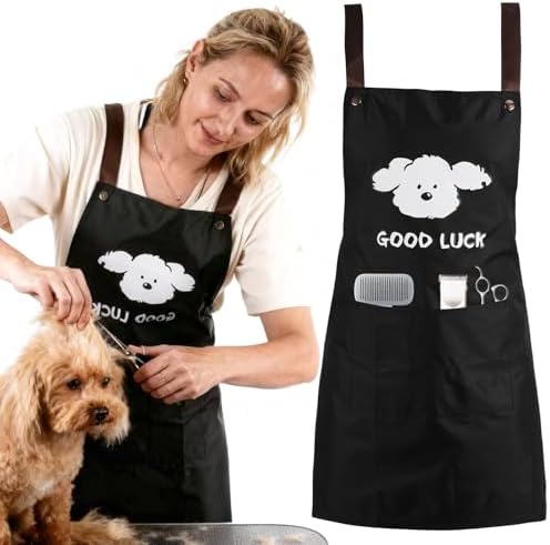 Dog Grooming Apron Waterproof 2 Pockets Brown Straps Pet Home Use