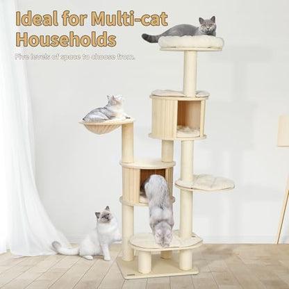 NUNU LAB 69’’ Modern Cat Tree for Large Cats, Wood Cat Tree Tower