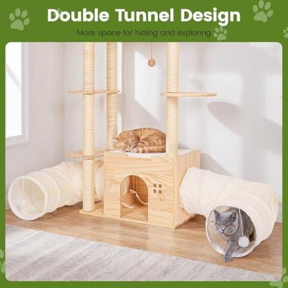 58-Inch Solid Wood Cat Tree for Indoor Cats, Tall Cat Tower, Double Tunnels