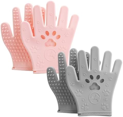 Pet Hair Removal Gloves Grooming 2 Pair Pink & Grey