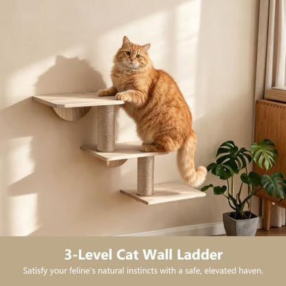 Cat Wall Ladder, 3-Level Cat Climbing Shelf, Solid Pine Wood Pet Wall Perch