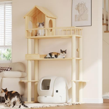 60'' Cat Tower for Automatic Litter Box, 4 Tier Wood Cat Tree