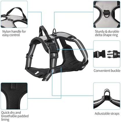 Gray No-Pull Dog Harness with 2 Leash Clips，Soft Padded Vest