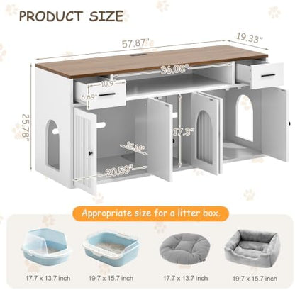 58" Cat Litter Box Enclosure for 2 Cats, Double Litter Box Furniture