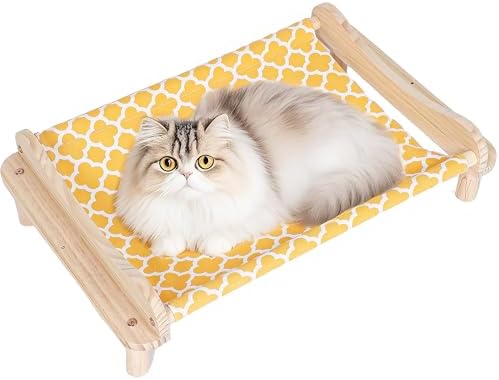 Elevated Wooden Cat Bed – 24"x15.7"x5.9" Breathable Hammock Pet Bed
