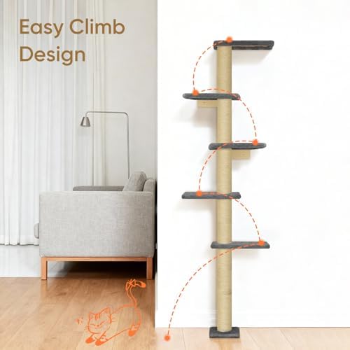 PAWSCRAT 5-Tier Wall-Mounted Cat Tree, 80-Inch Sisal Post