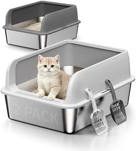 2 Pack Stainless Steel Cat Litter Box, High Sides Litter Pan