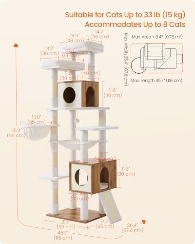 Feandrea Tall Cat Tree, 8-Tier Wood Tower