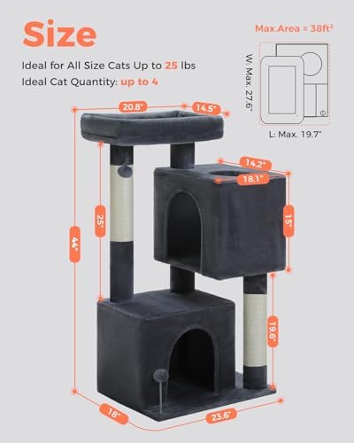 XL Cat Tree 44" Cat Tower for Large Cats 20 lbs, 2 Spacious Caves