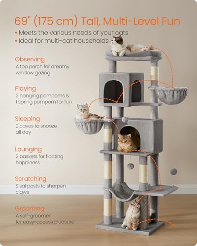 Feandrea Cat Tree, 69-in Large Cat Tower, Dove Gray