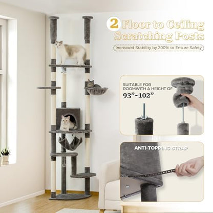 PETEPELA Floor to Ceiling Cat Tree, 92.9-101.6" Tall Cat Tower