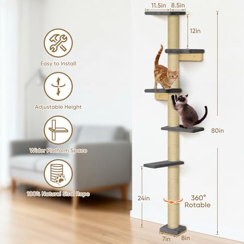 PAWSCRAT 5-Tier Wall-Mounted Cat Tree, 80-Inch Sisal Post