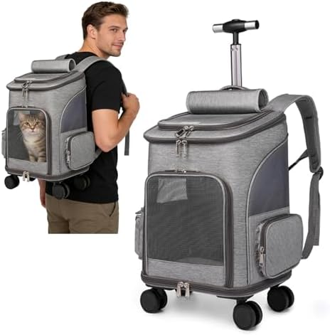 PETCUTE Wheeled Pet Carrier Backpack, Foldable 2-in-1 Pet Stroller, Travel