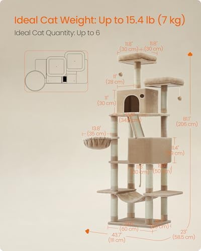 Feandrea Cat Tree, 81.1-in Large Cat Tower, Camel Brown