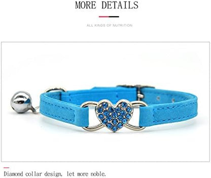 CHUKCHI Pink Soft Velvet Safe Cat Adjustable Collar with Crystal Heart Charm and Bells 8-11 Inches (Blue)