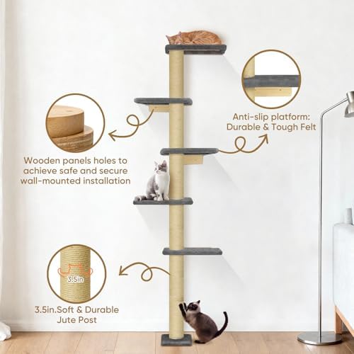 PAWSCRAT 5-Tier Wall-Mounted Cat Tree, 80-Inch Sisal Post