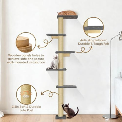 PAWSCRAT 5-Tier Wall-Mounted Cat Tree, 80-Inch Sisal Post