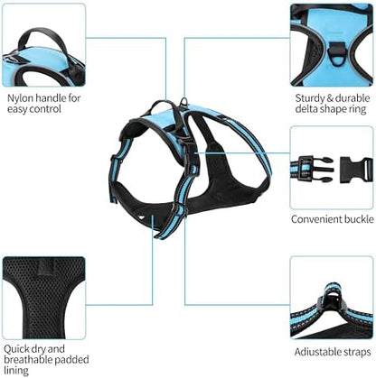 Blue No-Pull Dog Harness with 2 Leash Clips，Soft Padded Vest
