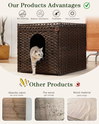 SETVSON Cat Litter Box Enclosure, Large PE Rattan Side Table