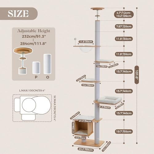 PAWZ Road Floor to Ceiling Tall Cat Tree, 7.6-9.4ft Modern Wood Cat Tower