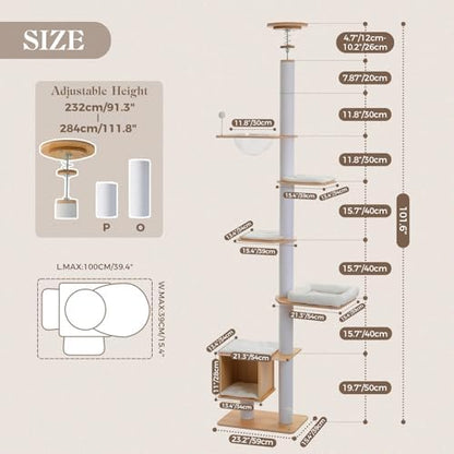 PAWZ Road Floor to Ceiling Tall Cat Tree, 7.6-9.4ft Modern Wood Cat Tower