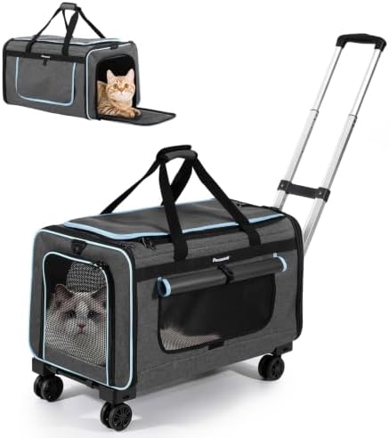 Large Pet Carrier with Wheels, Foldable Rolling Cat Carrier with Telescopic