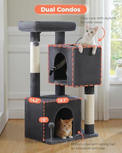 XL Cat Tree 44" Cat Tower for Large Cats 20 lbs, 2 Spacious Caves