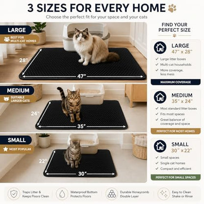 Cat Litter Box Mat, Double-Layer Honeycomb Litter Trap 30"x22" Blakc