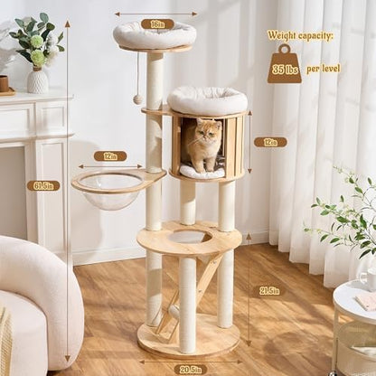 Modern Cat Tree Tower with Scratching Post, 61.5in Tall Cat Tree