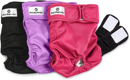 Pet Parents® Washable Dog Diapers (3pack) + Extendrs® of Durable Doggie Diapers, Premium Dog Diapers Female (X-Small, Princess)