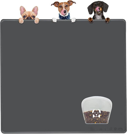KVK Extra Extra Large Silicone Dog Food Mat 39.4×43.3in and 128oz Silicone Bag Set, Super Size Waterproof Pet Feeding Mat & Container, Non-Slip, Chew-Resistant Floor Protection (Dark Grey&Clear)
