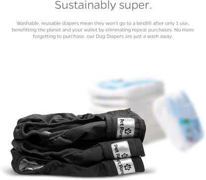 Pet Parents® Washable Dog Diapers (3pack) + Extendrs® of Durable Doggie Diapers, Premium Dog Diapers Female & Male (Medium, Black)