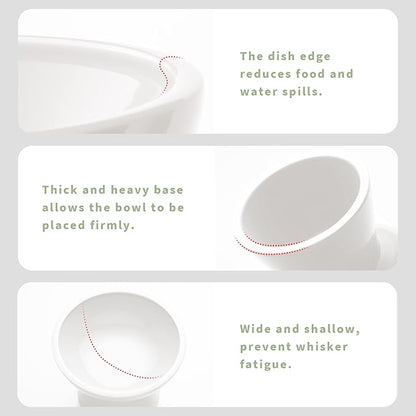 Extra Wide Elevated Ceramic Cat Bowl, 6.2" Shallow Dish for Whisker Fatigue Relief, 5" Height for Easy Feeding, Durable Raised Cat Food Bowls, Pack of 2, White