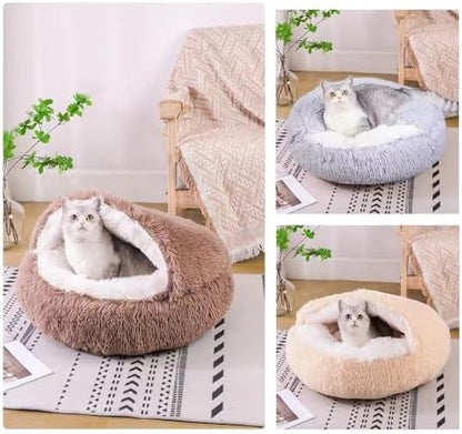 Round Fluffy Hooded Cat Bed Cave, Anti-Anxiety Cave Bed