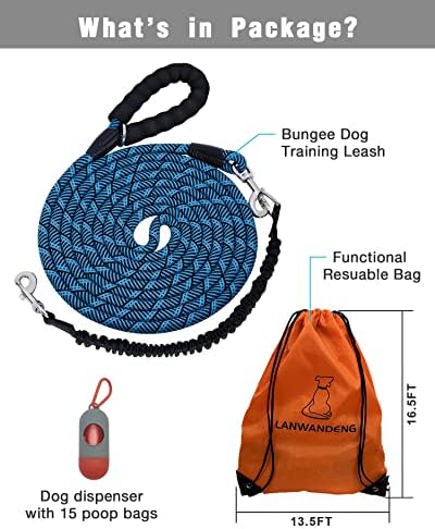 Long Dog Leash with Reflective Threads 15FT 20FT 30FT 50FT, Heavy Duty Bungee